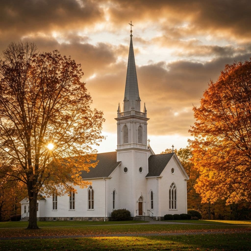 Church exterior at golden hour